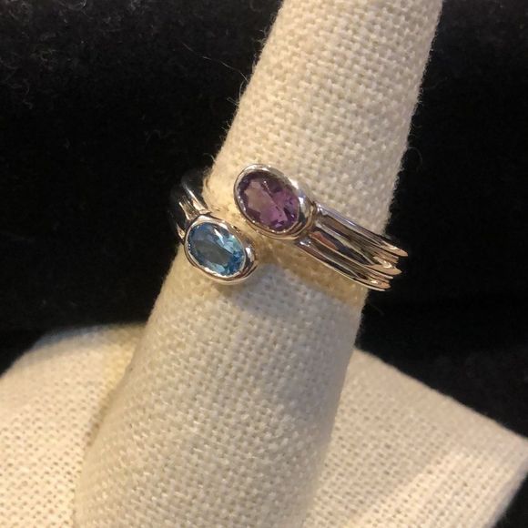 Fluted Sterling Silver Blue Topaz and Amethyst Ring Sz 7.5 - 8.5 - Picture 2 of 11